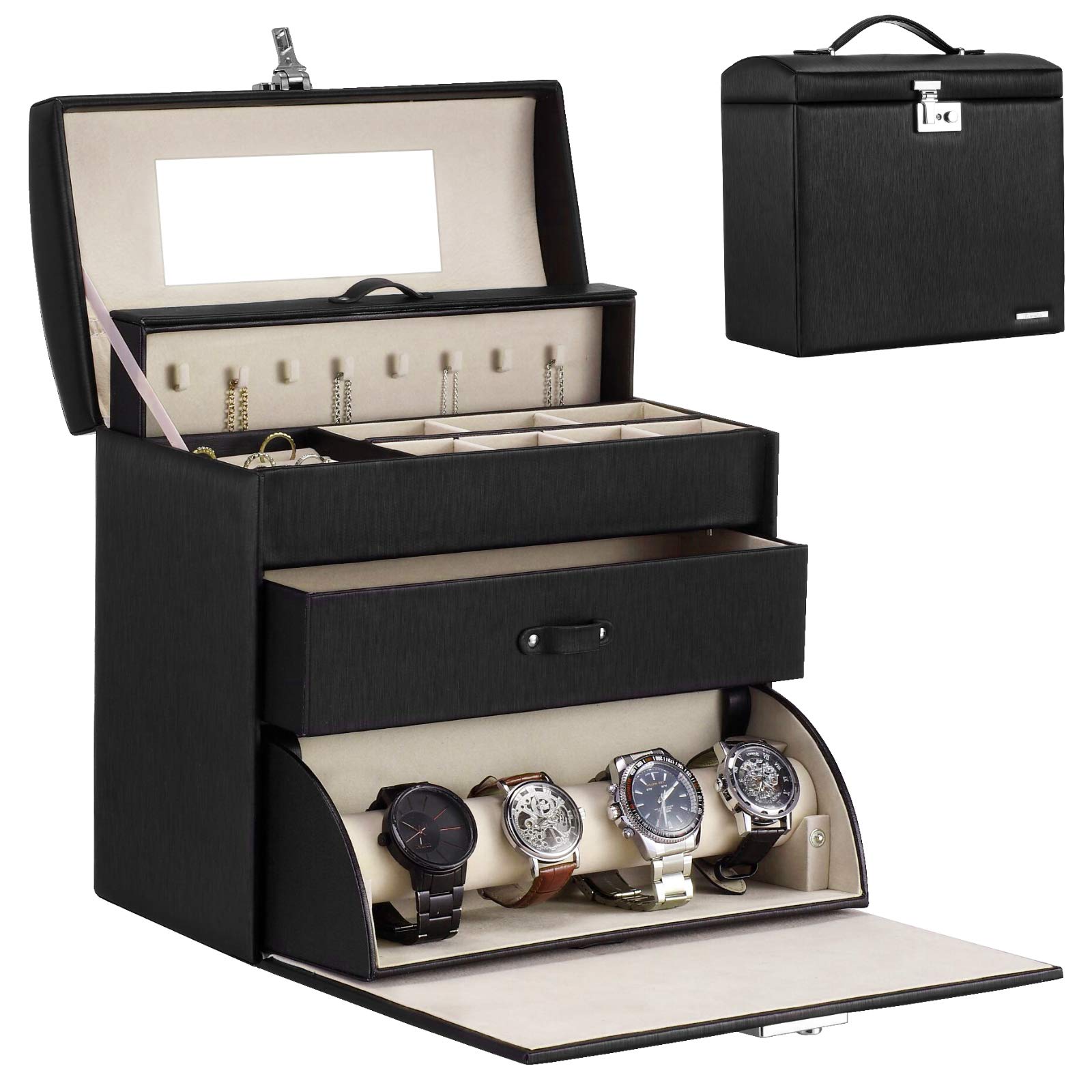 Homde Jewelry Display Box for Men Necklace Sunglasses Fully Locking with Watch Hanger Bracelet Holder Mirror Black