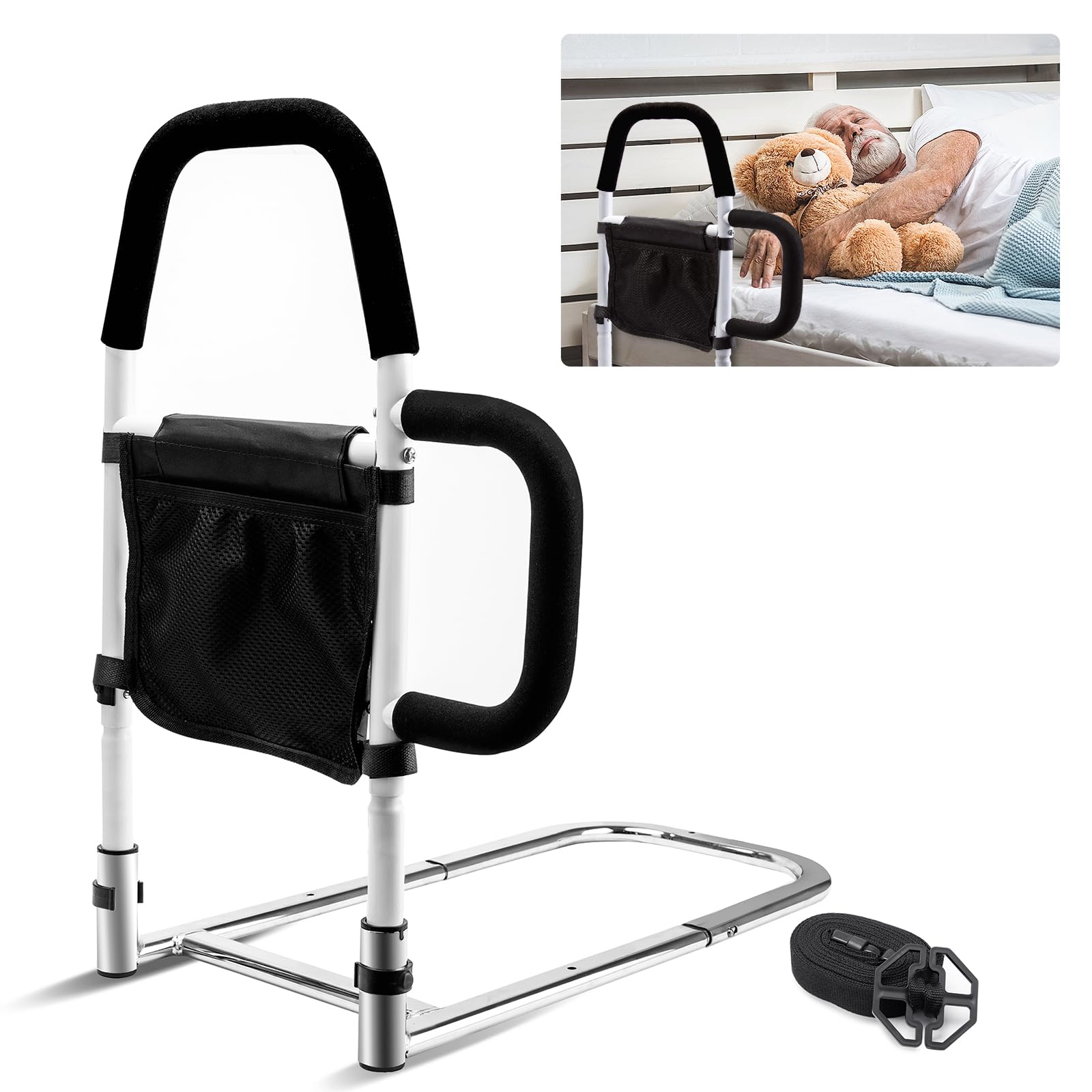 Photo 1 of Bed Rails for Elderly Adults Safety-Bed Assist Rail with Double Grab Bars & Fall Prevention Guard & Storage Pocket Fits King, Queen, Full, Twin, Support Up to 300lbs,Height 25.6'' (Double Grab Bars)