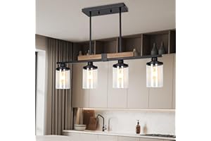VENZBLOMIA Dining Room Light Fixture Over Table, Farmhouse 4-Light Kitchen Island Lighting, Modern Wood Chandelier with Adjustable Height, Large Industrial Black Pendant Lights Ceiling Hanging for Living Room