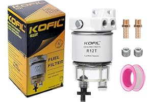 Kofil R12T Fuel Water Separator Marine Fuel Filter/Water Separator Assembly, for Outboard Motor Marine Engine, Replaces# S3240 120AT with 2 3/8" Barb × 1/4" NPT Male Fittings 2 Plugs,10 Micron