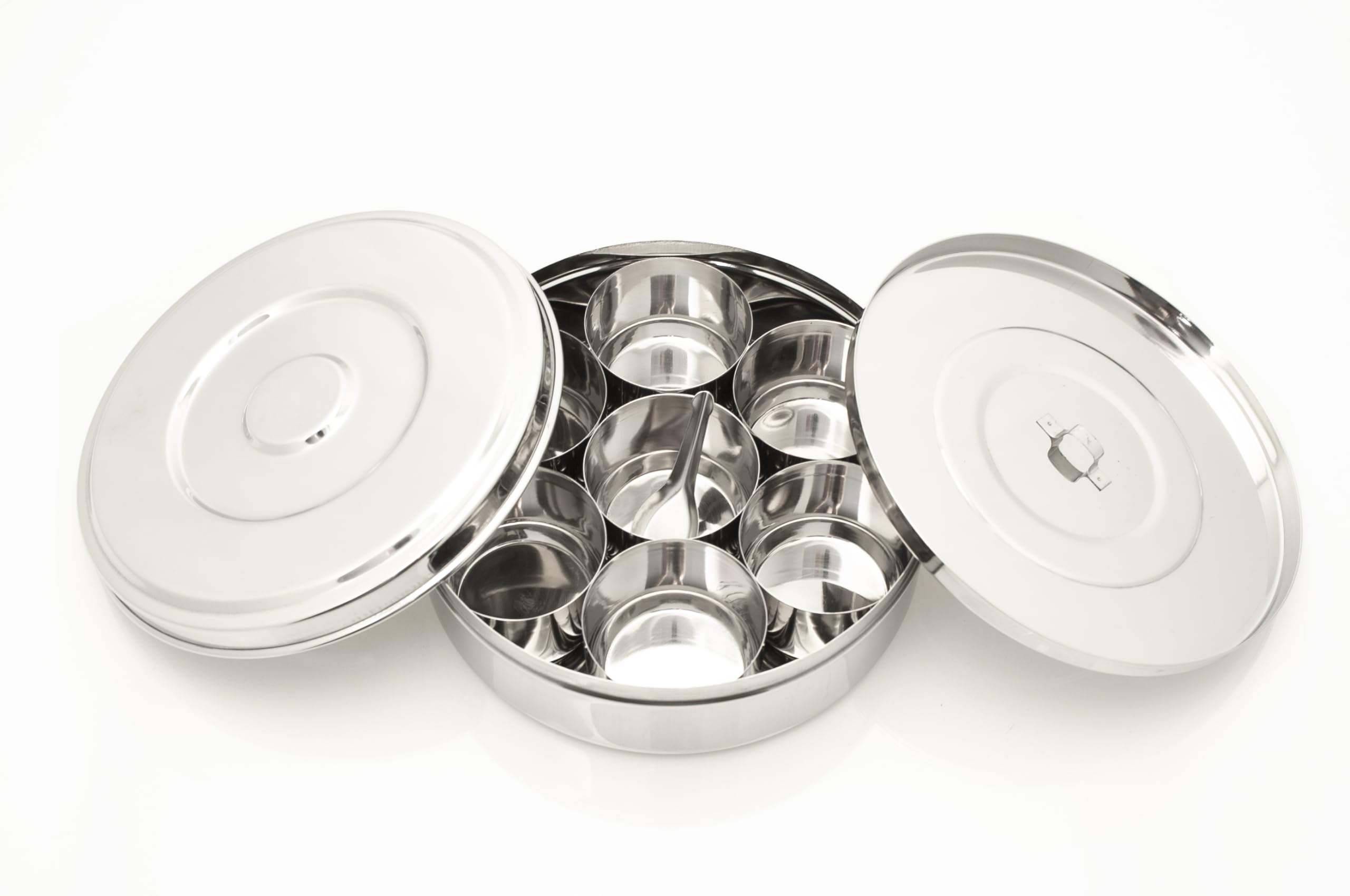 Ignite Cookware Stainless Steel Spice Tin - Masala Dabba with 7 Compartments and 2 Stainless Steel Lids (20cm - Size 12)