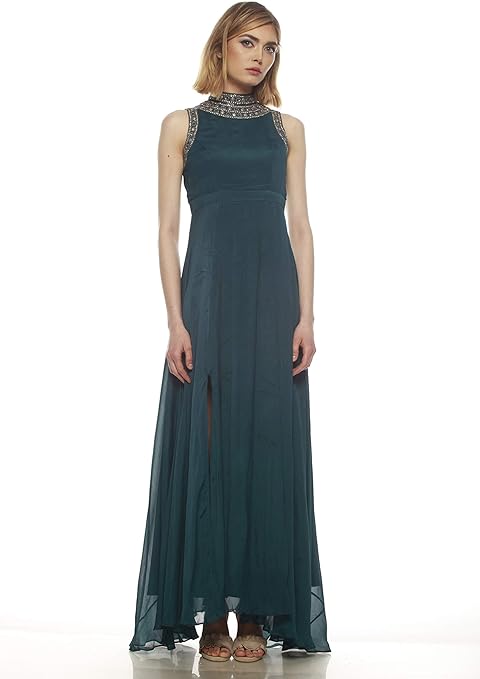 Buy Oma By Rana Chiffon Venice Maxi Dress (OW1906_Teal Blue, Black Beauty, Willow Grey_S) at 