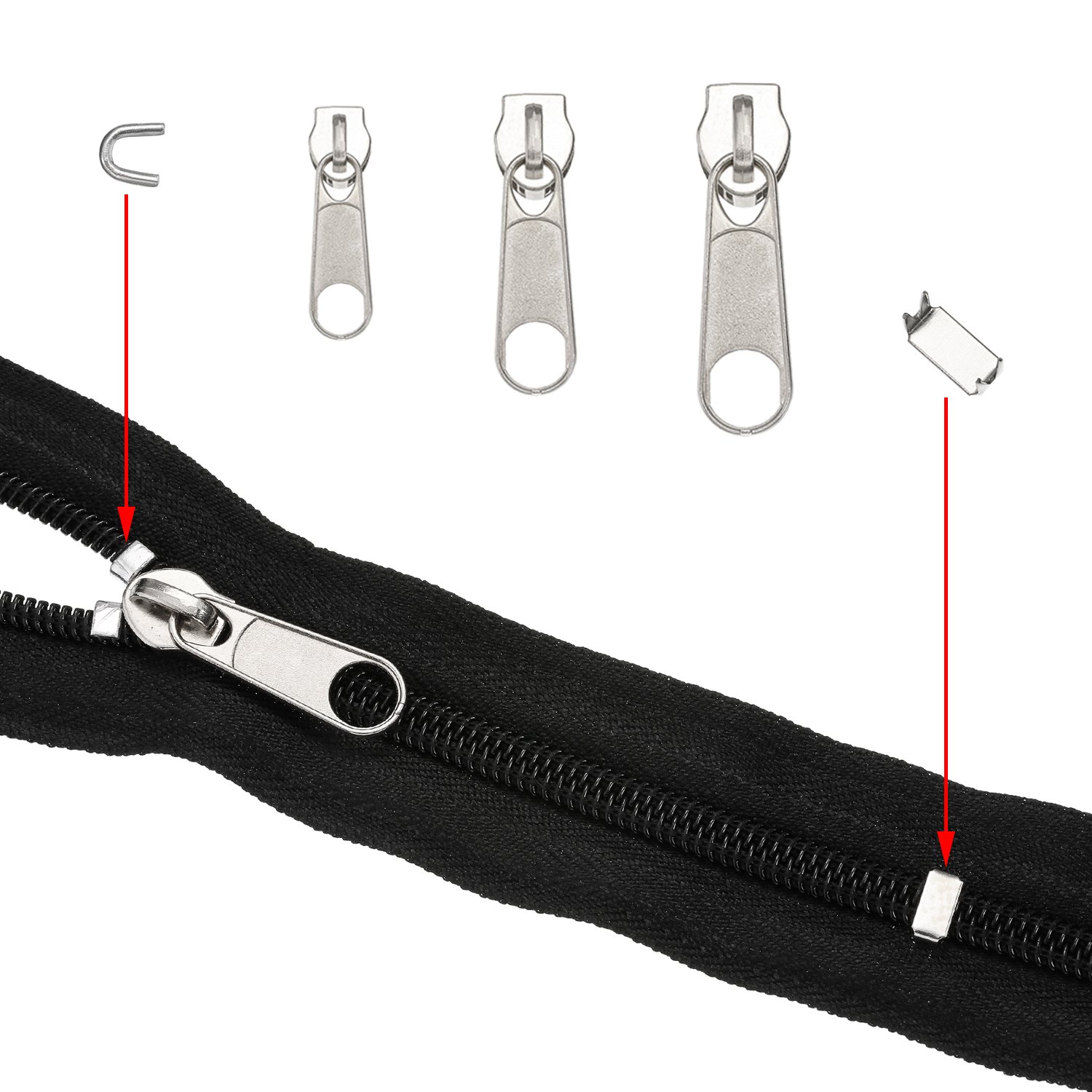 TecUnite 85 Pieces Zipper Repair Kit Zipper Pull Replacement with Instruction Manual and Install Pliers Tool for Sewing Luggage Jackets Coat Jeans, Black and Silver