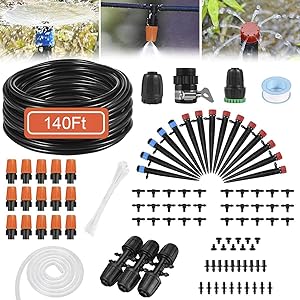 PETBROO Drip Irrigation System, 140 Feet Watering System with Blank Distribution Tubing Universal Adapter Adjustable Nozzle Automatic Irrigation Drip Kit for Garden,House Plants,Outdoor&Indoor