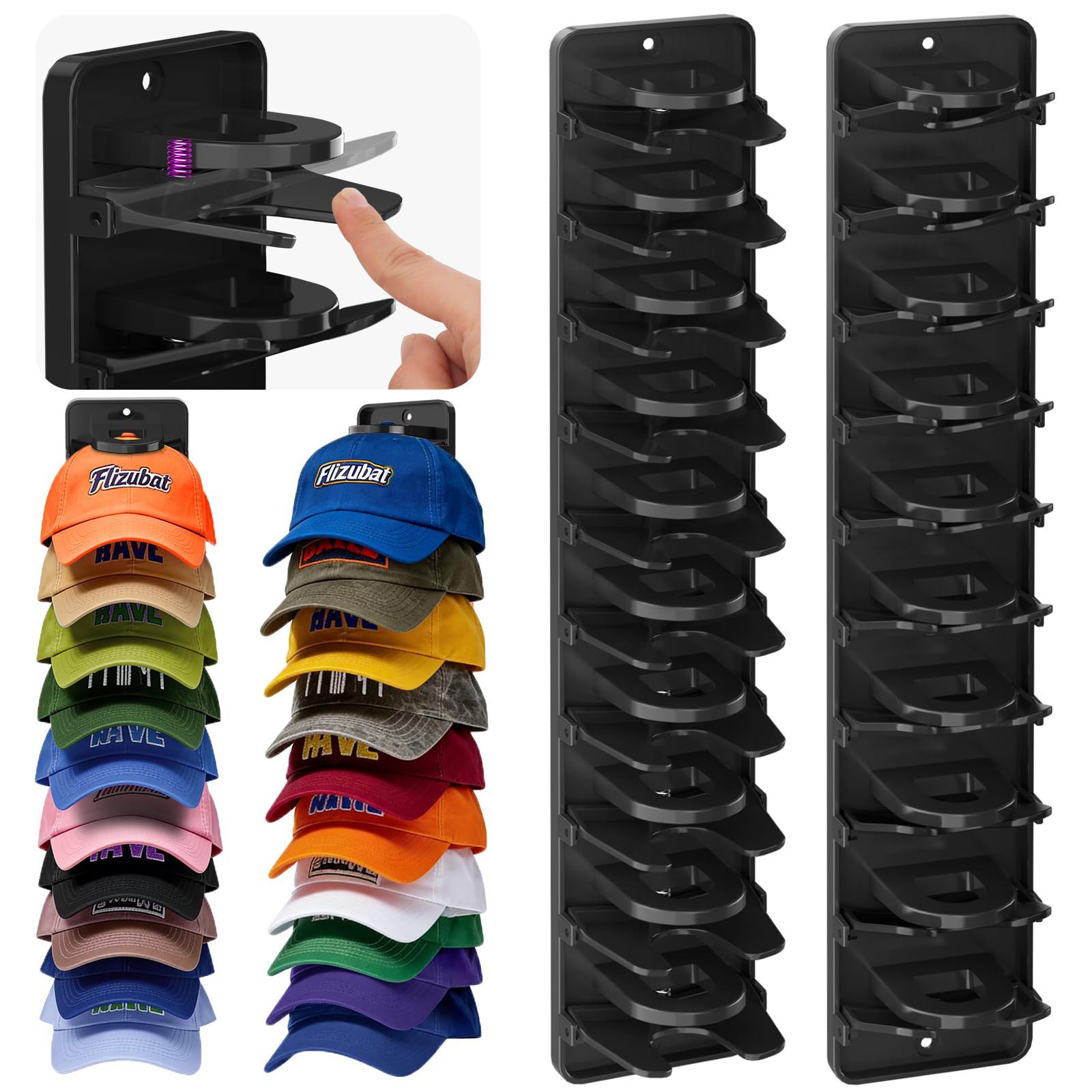Spring Clip Hat Organizer for Baseball Caps – 2 Pack, Wall Hat Rack for Door & Closet – Keeps 20 Hats Tidy in Entryway, Dorm, Bedroom – Multi-Layer Cap Storage (Adhesive or Screws)