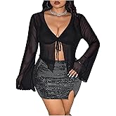 SHENHE Women's Plus Size Tie Front Sheer Mesh Bell Sleeve Shrug Bolero Cropped Top Coverup