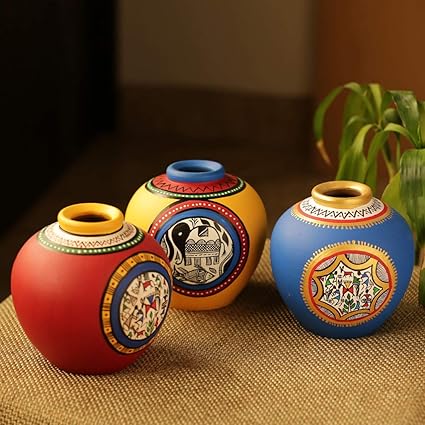 ExclusiveLane Madhubani & Warli Handpainted Living Room & Bedside Home Decorative Flower Terracotta Vases (Set of 3, Blue, Yellow & Red)
