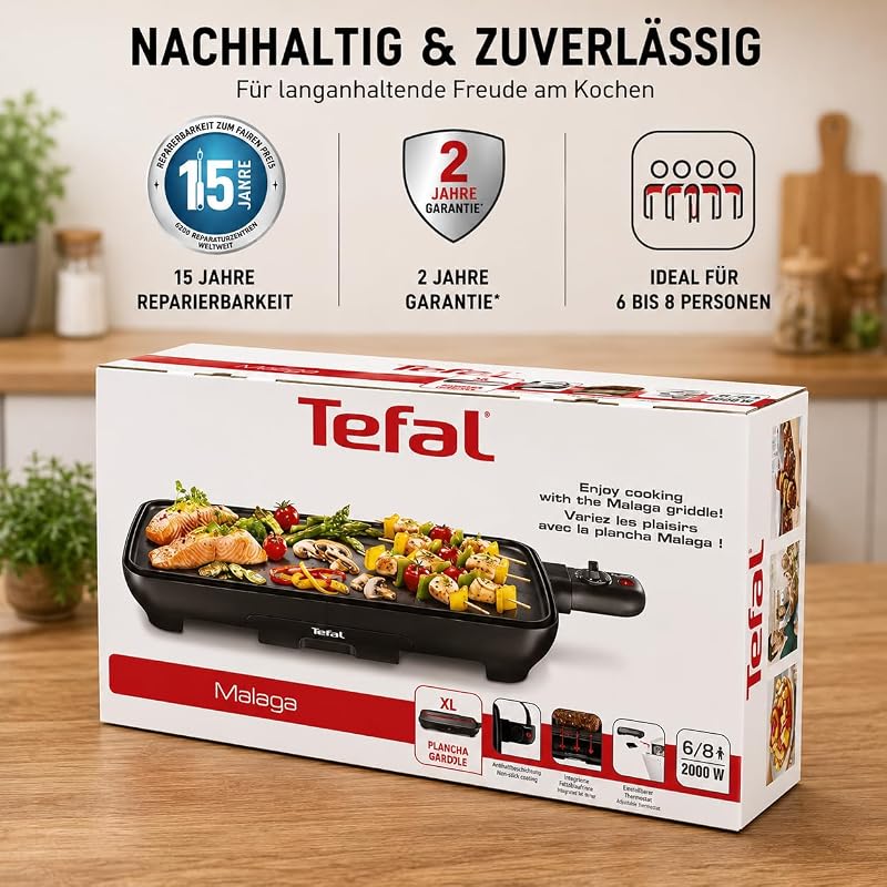 Malaga Plancha, Elektrischer Tischgrill, 2000 W, extra große Grillfläche, stufenlos regelbarer Thermostat, Antihaftbeschichtung, Thermo-Spot, Fettablaufrinne, für 6–8 Personen, Schwarz, CB501812