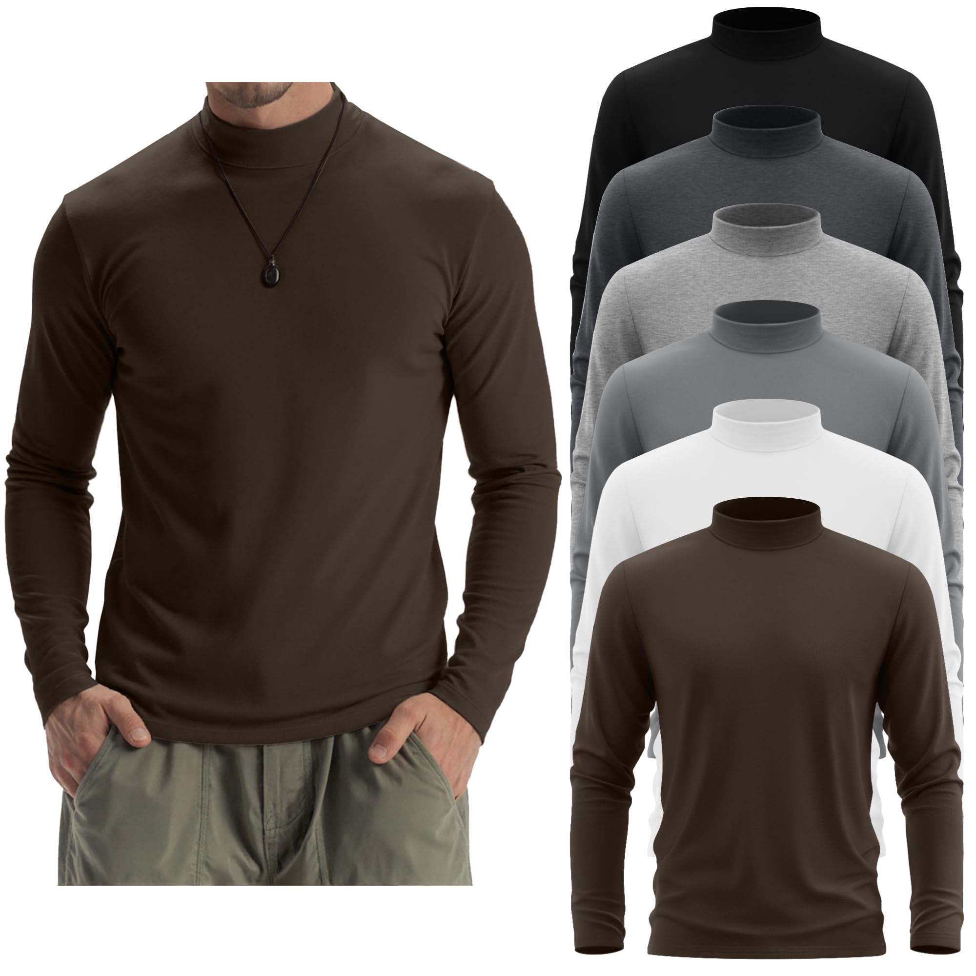 Photo 1 of Evervibe 6 Pack Mens Mock Turtleneck Long Sleeve Shirts Thermal Mock Neck Pullover Sweater Tops Fitted Lightweight Undershirt(Black, Light Gray, Brown, White, Gray, Dark Gray,Large)
