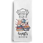 Qeheb Aunt Gifts Kitchen Towels, Auntie Gifts for Mother's Day Birthday from Nephew Niece Dish Tea Towels, Memories Begin in Aunt's Kitchen Decorative Hand Towels, 16X24In