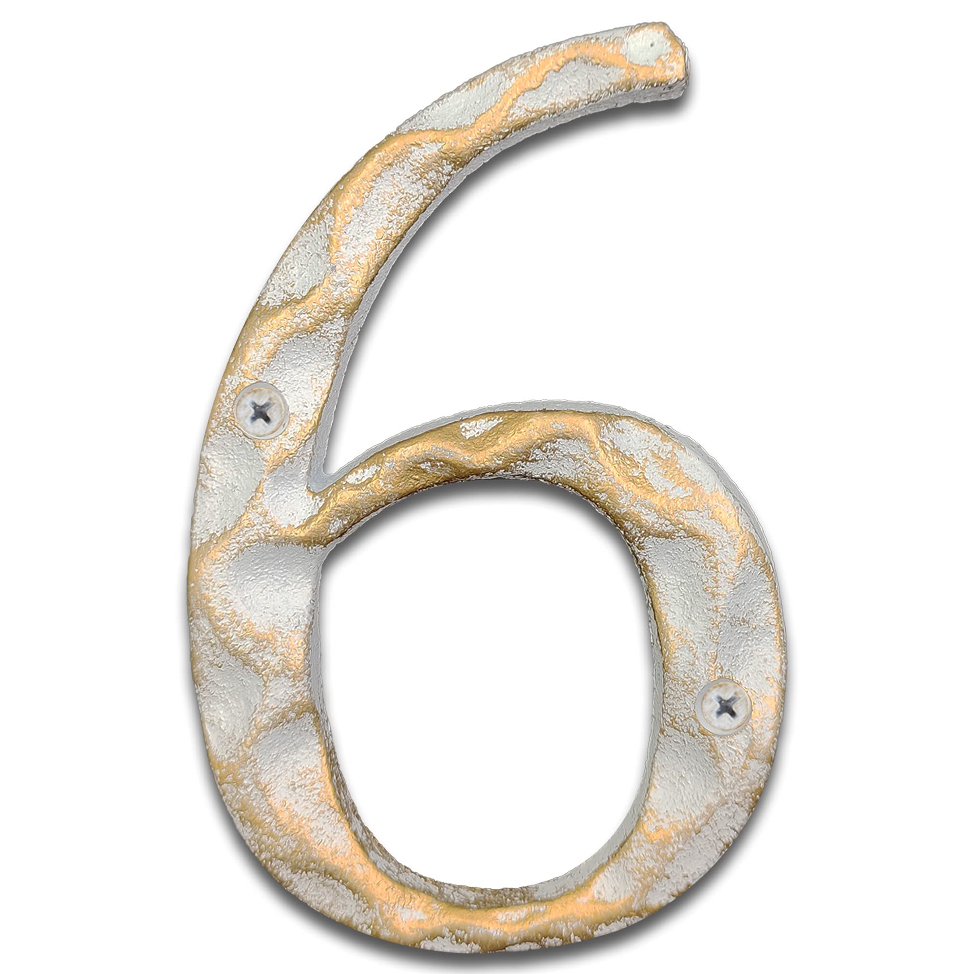 Photo 1 of 5.5 Inch High Home Address House Numbers- Unique Cast Iron Metal Mailbox Number/Letters for Outside or Front Door, Handmade Gold & White Finish (Number 6)