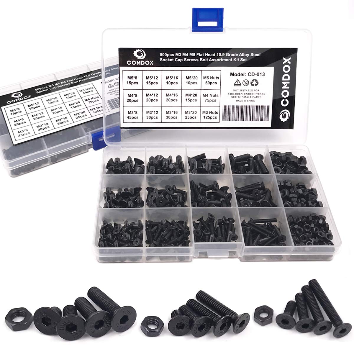 Comdox 500pcs Alloy Steel Socket Cap Screws Hex Head Bolt Nuts Assortment Kit with Box, Allen Socket Drive, Fully Threaded, Black Oxide Finish (M3 M4 M5)