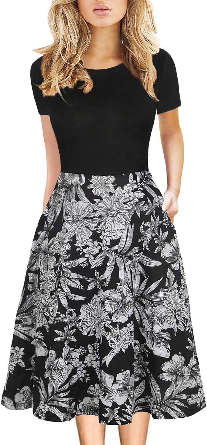 Women's Elegant Vintage Cotton Casual Floral Print Work Party A-Line Swing Dress with Pockets 978