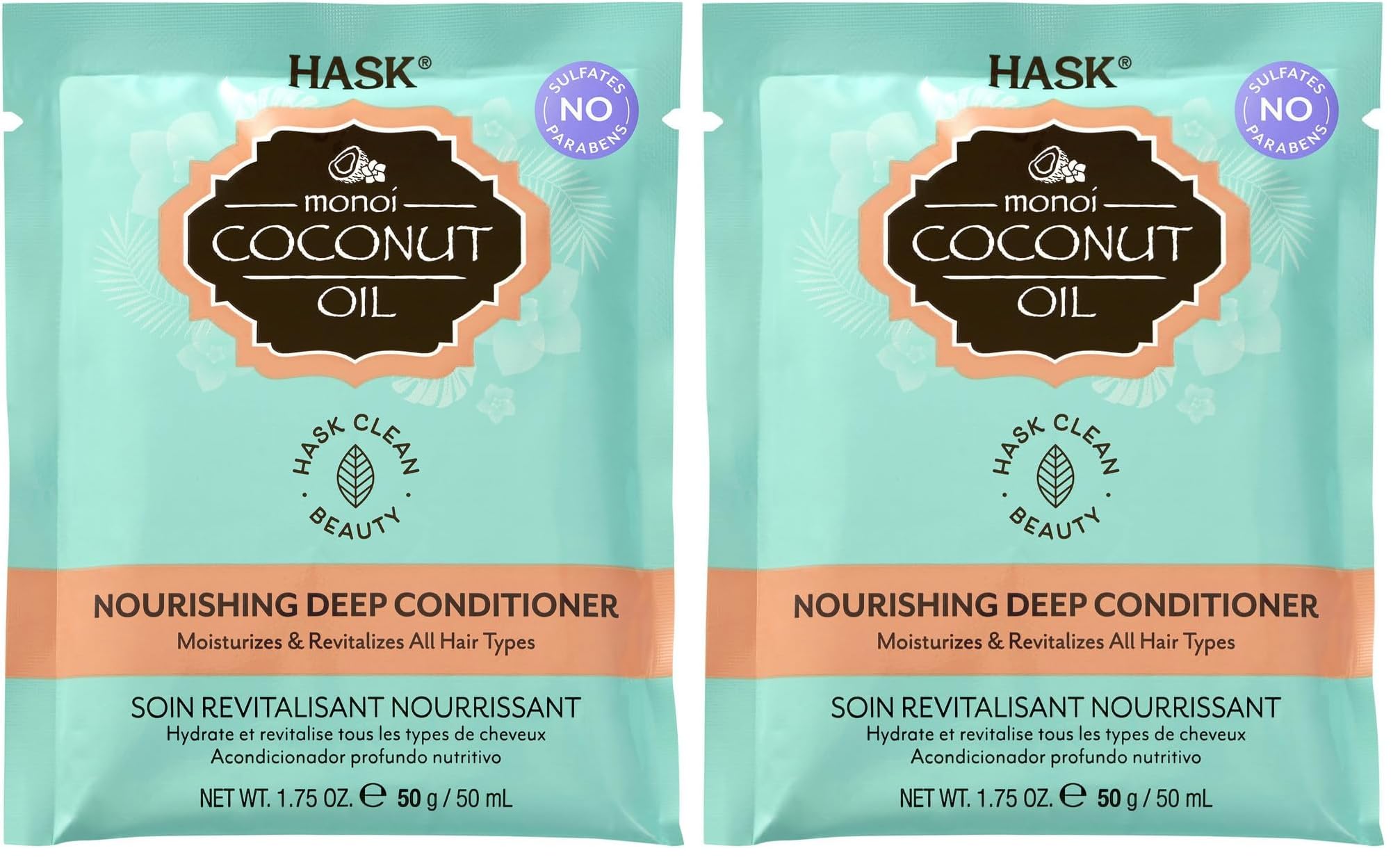 HASK Coconut Deep Conditioner Treatment, nourishing for all hair types, colour safe, and cruelty-free - 1 50mL Packette (Pack of 2)