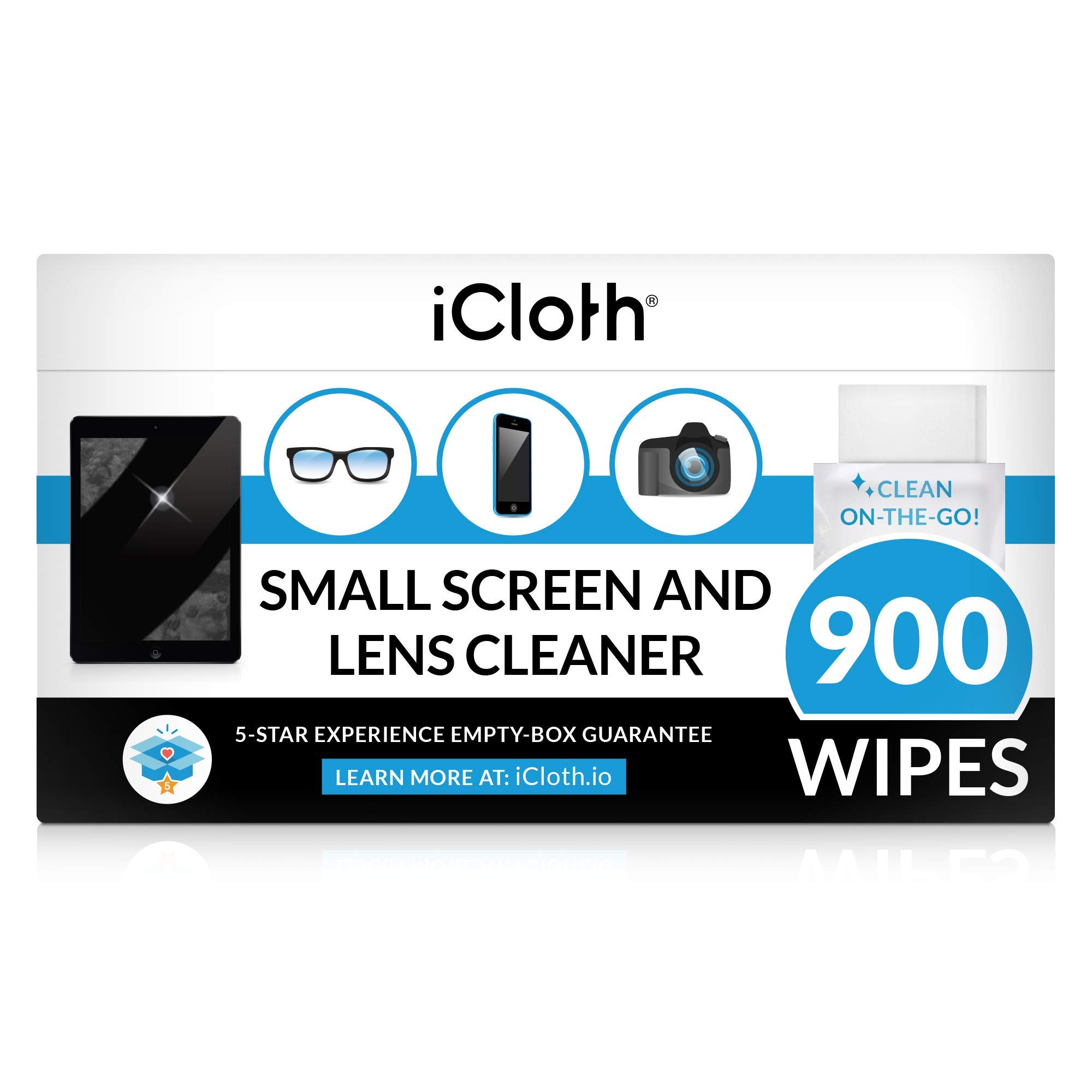 iClothLens Cleaning Wipes Safe for All Screens, Electronics & Glasses. Streak & Lint Free, Individually Wrapped, 1 Wipe Can Clean Camera, Smartphone, and Pair of Glasses (900 Wipes)