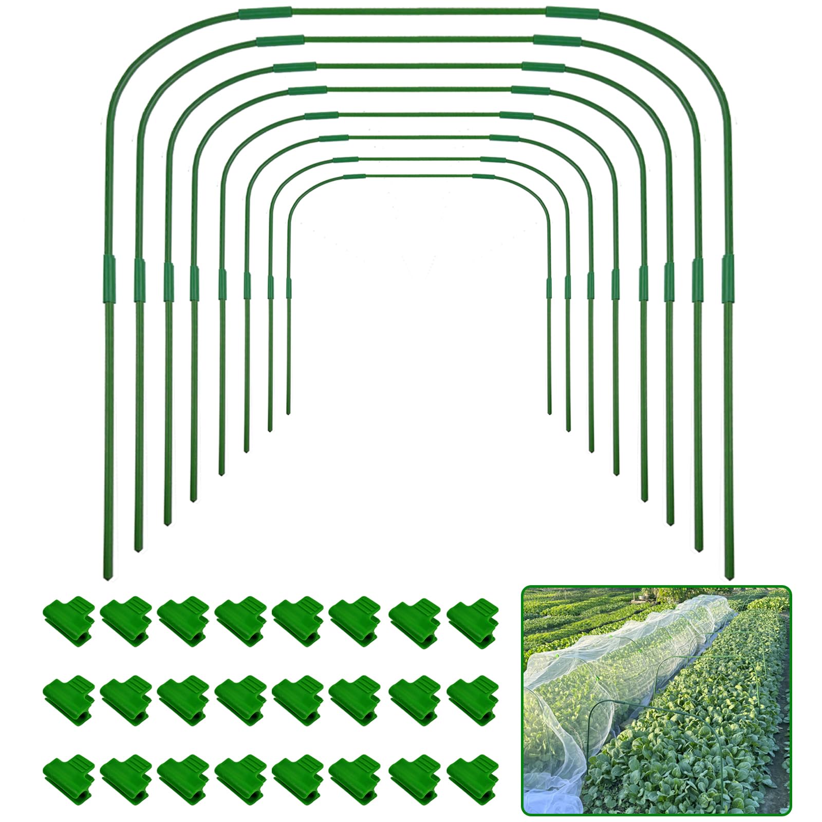 8 Packs 82x105cm Garden Hoops for Netting with 24 Clips,Rust-Free Detachable Stakes Grow Tunnel Hoop for Garden Netting Frame,Greenhouse Hoops Plant Support Frame for Tall Plants（有专利）