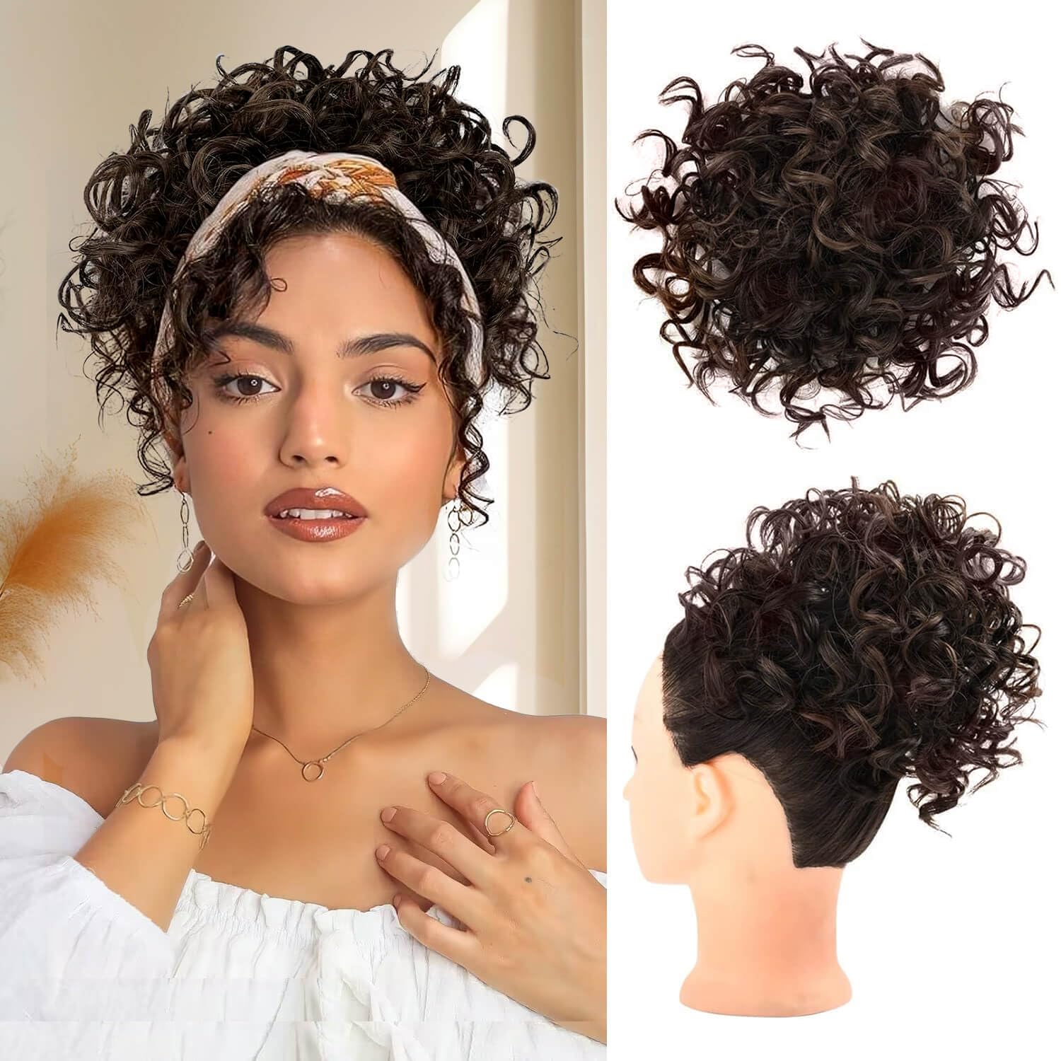 Flyroseing Elastic Drawstring Messy Bun Hair Piece, Short Curly Hair Extensions, Synthetic Fake Hair Curly Bun Hair Piece Clip for Women - Natural Black Mix Chocolate Brown