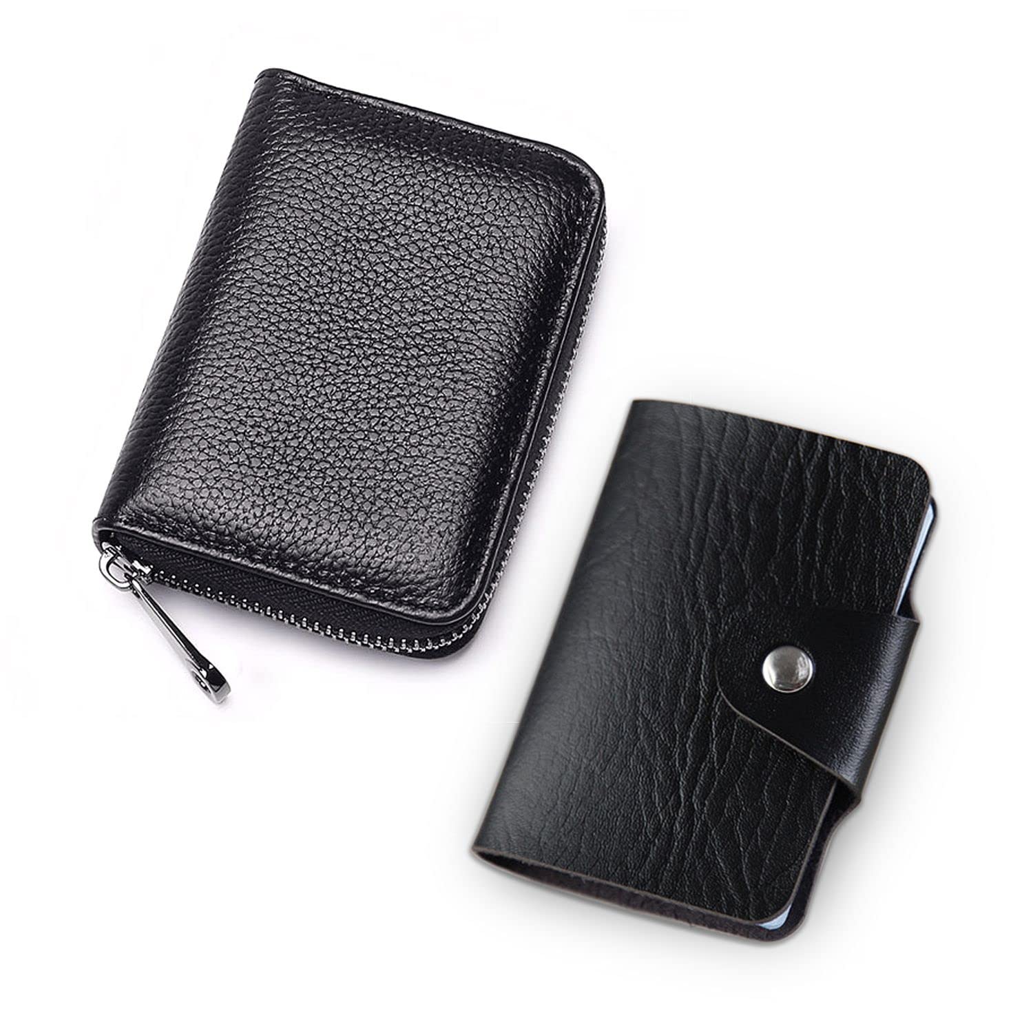 1 Credit Card Holder RFID Blocking PU Leather Wallet with Zipper and 1 Soft Leather Card Case Card Organizer with 12 Insert Sleeves for Women Men, Black, Black, Classic