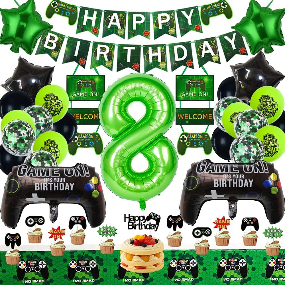 Video Game Party Supplies 8th Game Birthday Party Decorations for Game Fans Kind Boys Girls Game on Birthday Party Supplies for Game Fans Classical Black and Green Theme Game Party Decor Green Gaming Banner Black and Green Balloons Game Controller Balloons…