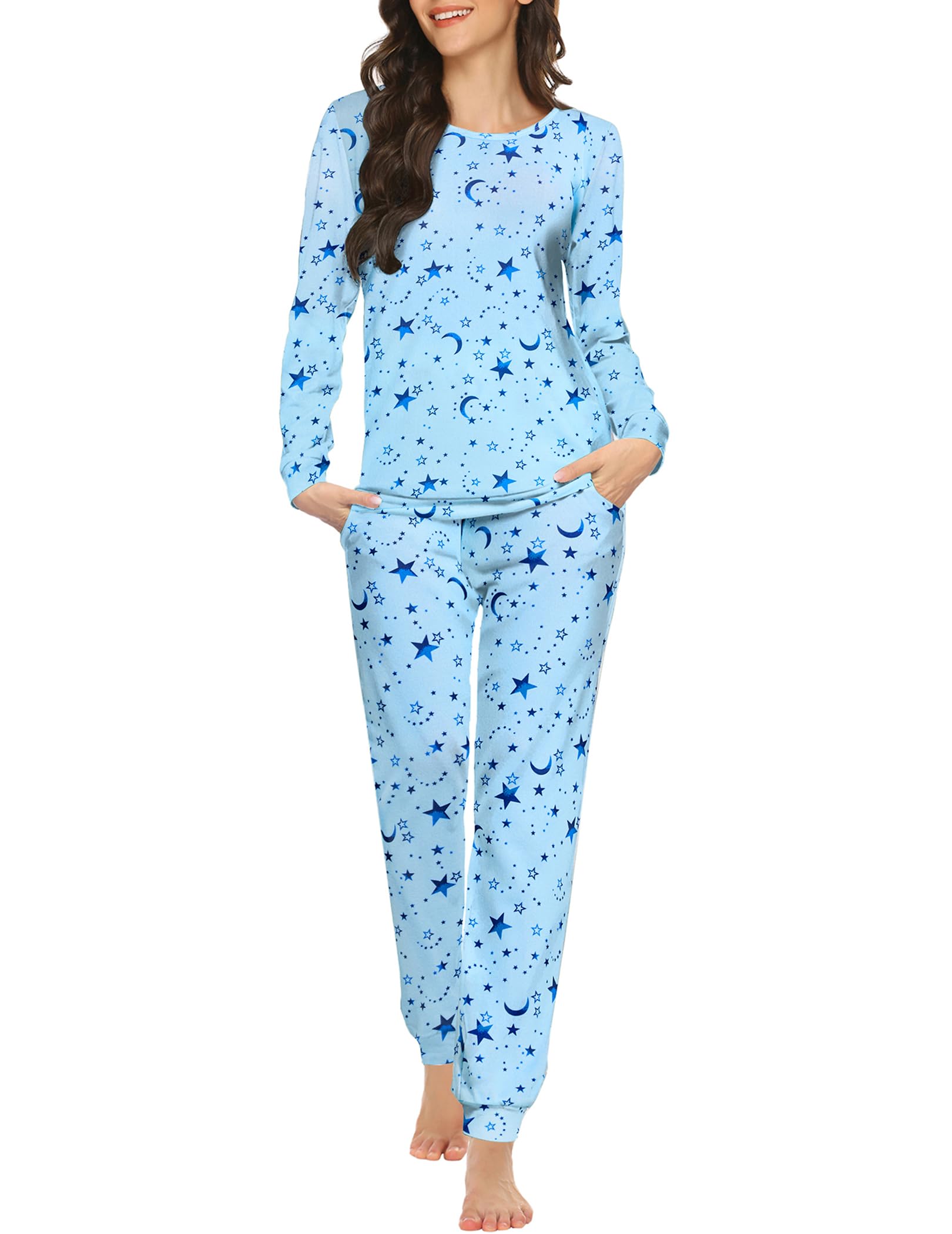 Ekouaer Womens Jogger Pajama Sets Long Sleeve Sleepwear Round Neck Nightwear Soft Pjs Lounge Sets with Pockets Blue Planet Moon Medium Image