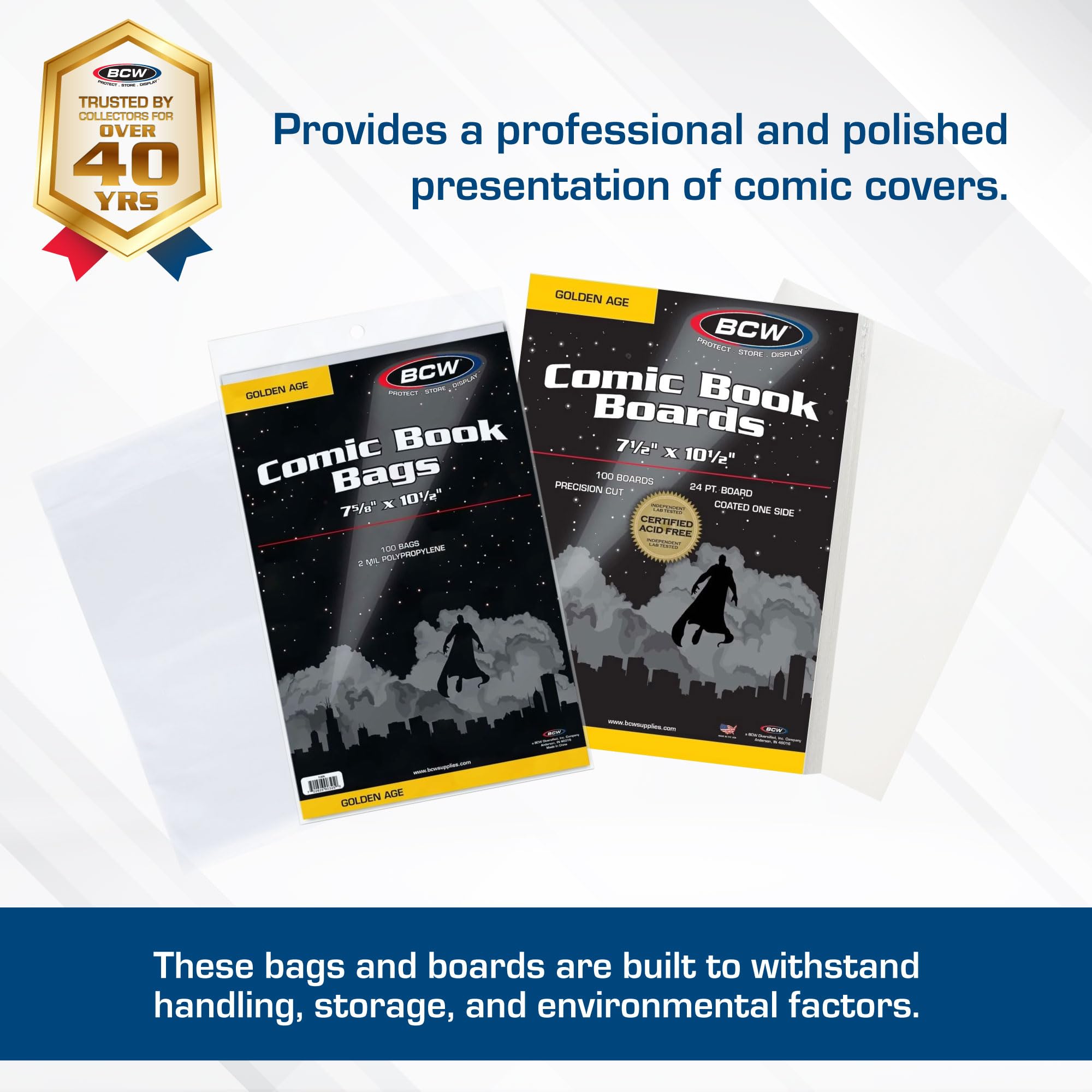 BCW Golden Age Comic Bags & Backing Boards - 100 Ct | Acid-Free Protection & Storage | Crystal Clear Sleeves | Fits 7 5/8 x 10 1/2 Golden Age Comics | Collecting Supplies