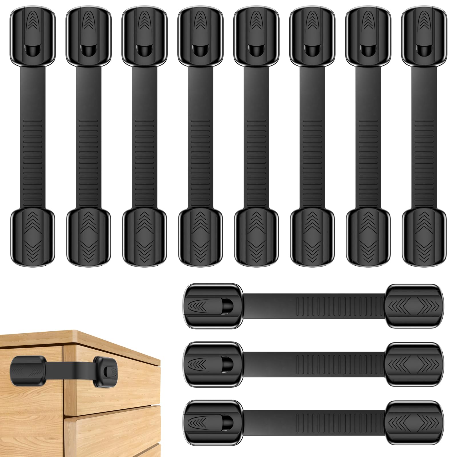 Septeamay Child Safety Cupboard Locks, 10 Pack Adjustable Cupboard Locks for Children, Child Locks for Kitchen Cupboards Cabinet Fridge Drawer Refrigerator Toilet, Easy Install, No Tools Needed(Black)