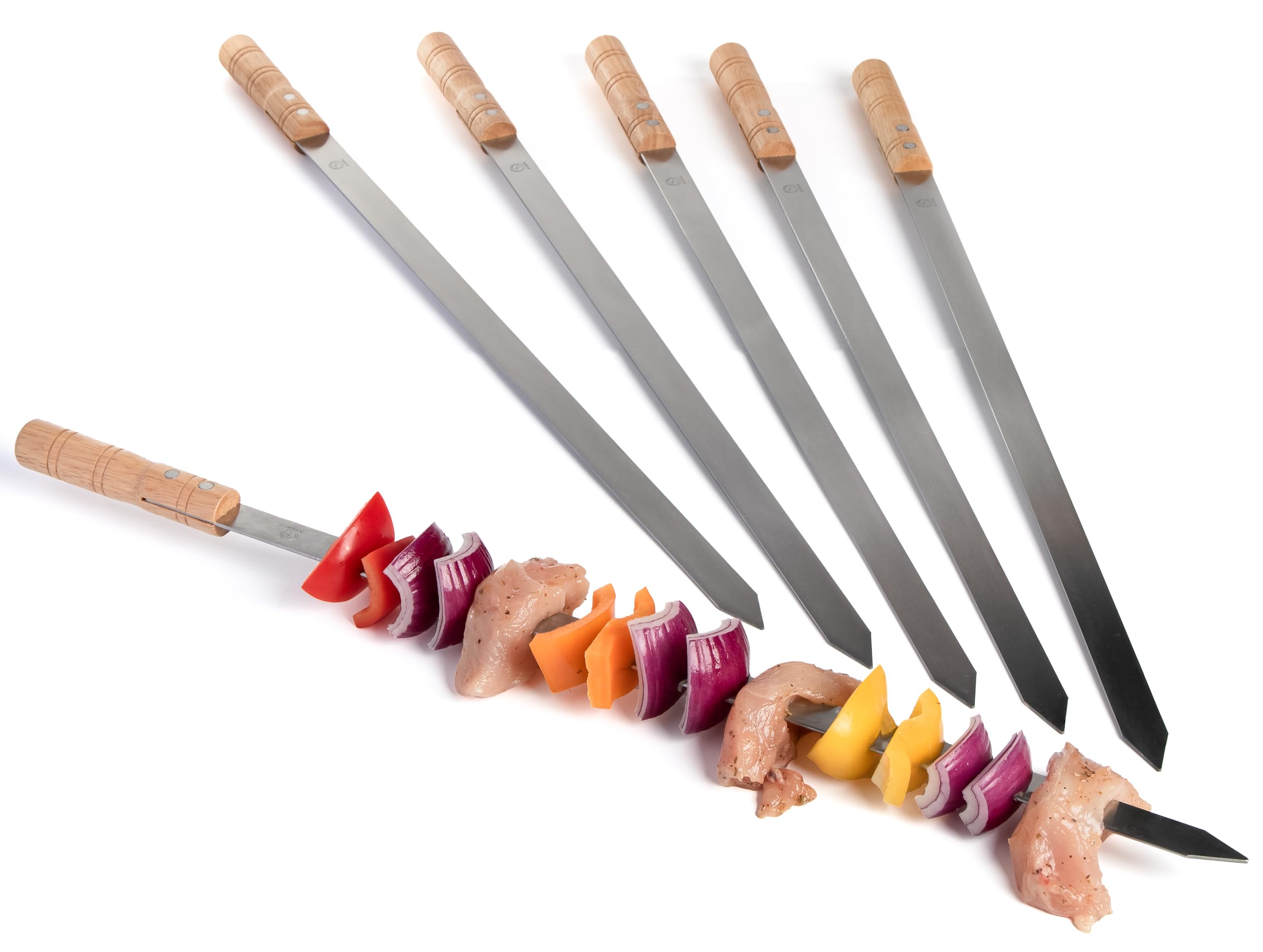 JD Europe 6pcs Turkish Adana Kebab BBQ Skewers with Wooden Handles. Stainless Steel Flat Wide Barbecue Skewers Length 57.5cm, Width 2cm and 2mm Thick.
