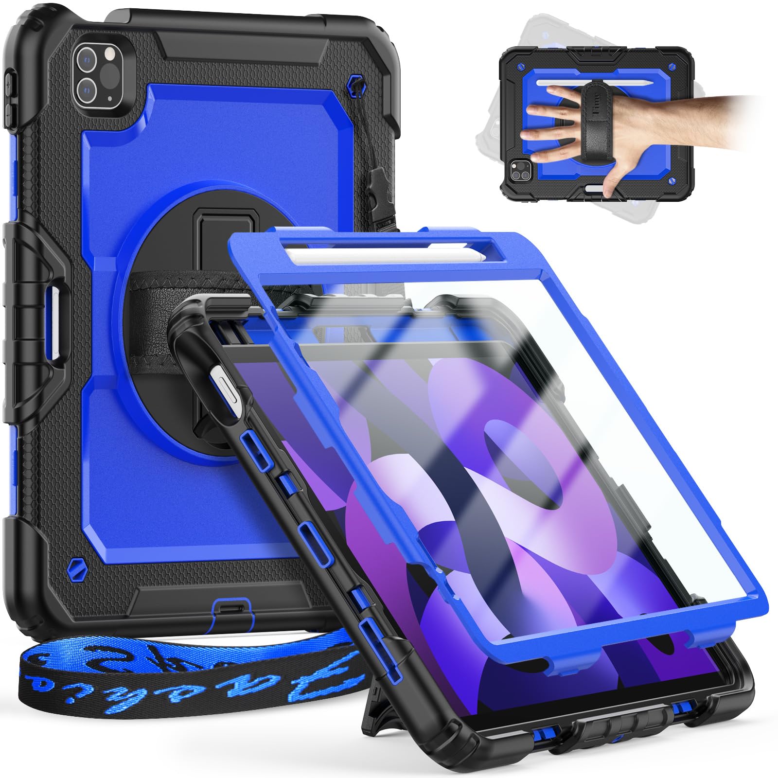 Timecity Case ONLY For iPad Air 5th Generation 2022/ iPad Air 4th Generation 2020, iPad air 10.9 inch case, Sturdy Protection Case with Screen Protector [360 Rotating Stand] Hand Strap, Dark Blue — image 1
