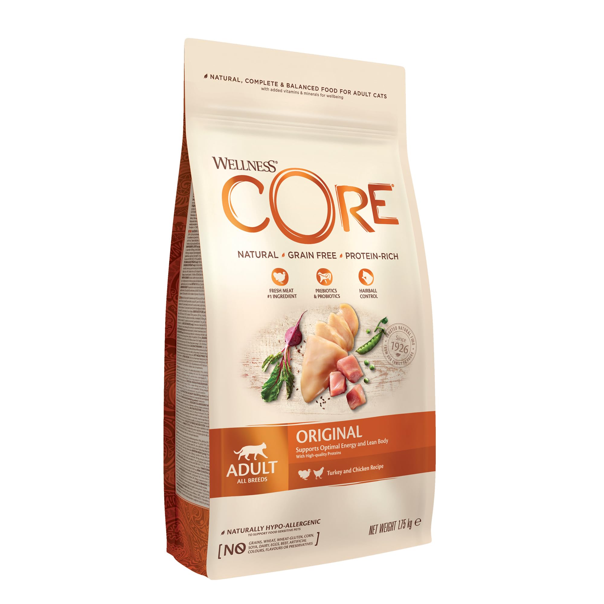 Wellness CORE Original 1.75 kg, Chicken & Turkey – Dry Cat Food for Adult Cats, Grain-Free, Natural, Hypoallergenic, Protein-Rich, High Meat Content, Supports Optimal Energy & Lean Body