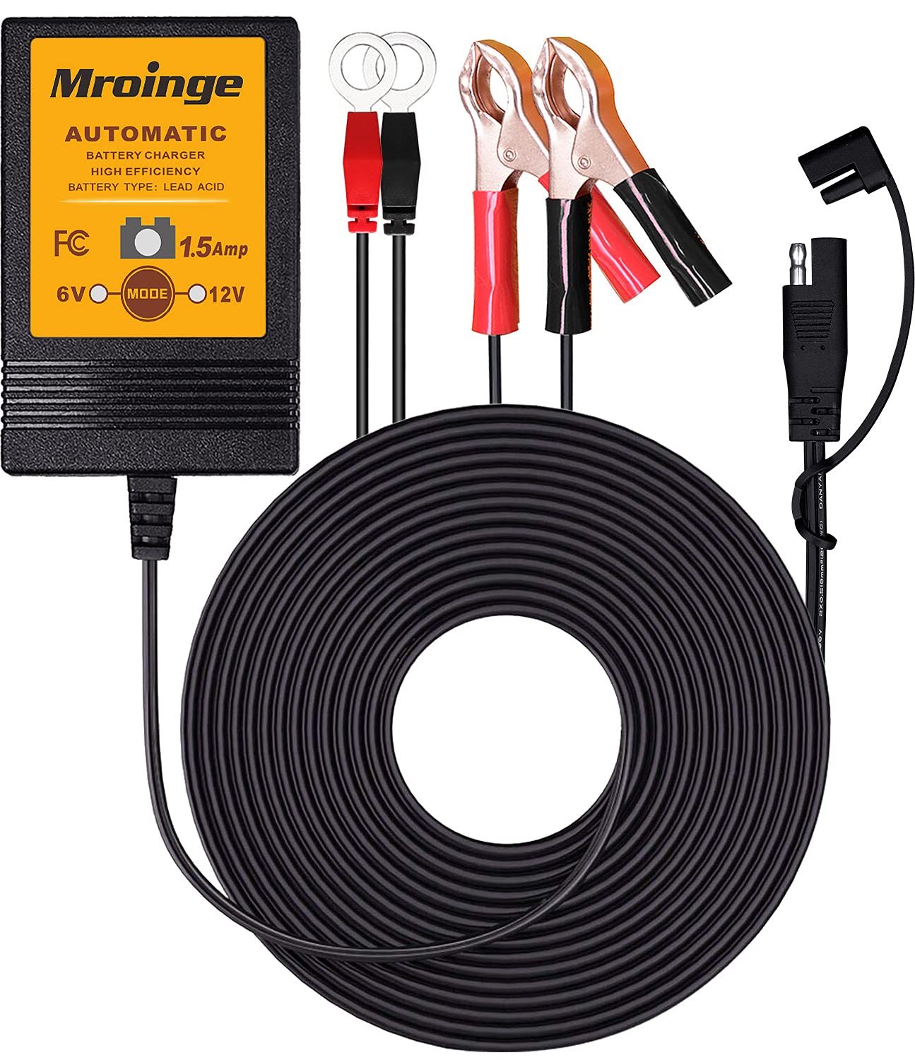 Photo 1 of Mroinge MBC015, 6V / 12V 1.5A Fully Automatic Trickle Battery Charger/Maintainer for Automotive Vehicle Motorcycle Lawn Mower ATV RV Powersport Boat, Sealed Deep-Cycle AGM Gel Cell Lead Acid Batteries