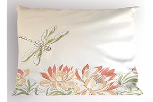 Ambesonne Dragonfly Pillow Sham, Lotus Flower Field with Dragonfly Flying Oriental Blooms Print, Decorative Standard King Size Printed Pillowcase, 36" X 20", Cream Peach
