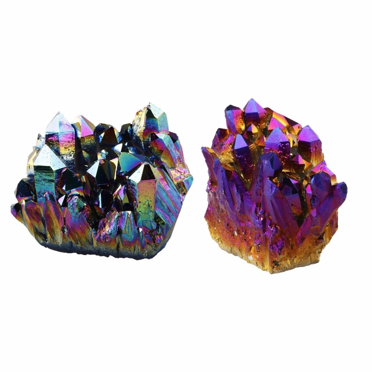 Shanxing 2pcs Purple & Rainbow Aura Quartz Titanium Coated Quartz Crystal Cluster Stone, Clear Quartz Reiki Healing Crystals and Gemstones Gift Colourful Rock Mineral Crystal Party Room Decor