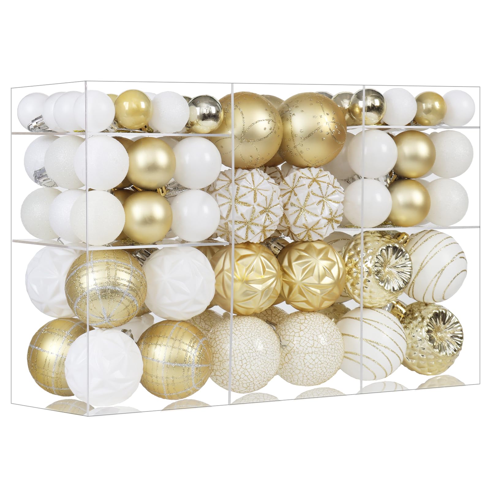 Photo 1 of 100ct White & Gold Christmas Ornaments Set, Shatterproof Luxury Xmas Tree Ornaments Decorations Collection, Hanging Plastic Christmas Balls for Holiday Party Wedding (White&Gold)