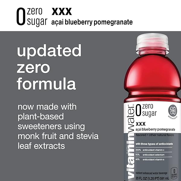 VITAMINWATER XXX ACAI-BLUEBERRY-POMEGRANATE ZERO SUGAR, FLAVORED WATER BEVERAGE, 20 FL OZ BOTTLES, 12 PACK