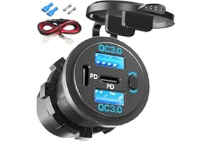 Dual PD USB C Ports & Dual USB Quick Charge 3.0 Ports 12V USB Outlet with Switch, VANONE Waterproof and Dustproof Car Charger Socket, Accessories for Car Boat Marine Motorcycle RV ATV Golf Cart, etc