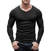 Agilelin Men's Muscle T-Shirts V Neck Thermal Long Sleeve Tee Casual Ribbed Undershirts