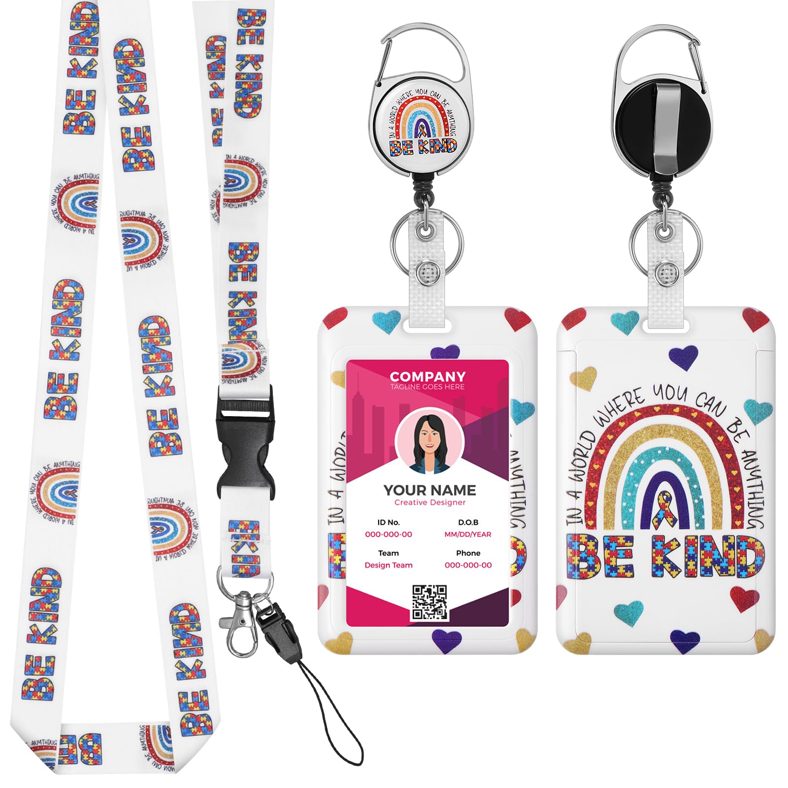 TIESOME Retractable Lanyard with ID Card Holder Set, Boho Rainbow Plastic Card Holder with Detachable Lanyard and Badge Reel Clip ID Protector Hard Badge Holder for Nurse Doctor Teacher(B)