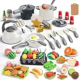 Zero Zoo 105Pcs Kids Kitchen Toy Accessories, Toddler Pretend BBQ Camping Cooking Playset, Play Pots, Pans, Utensils Cookware Toys, Play Food Set, Vegetables, Learning Gift for Girls Boys