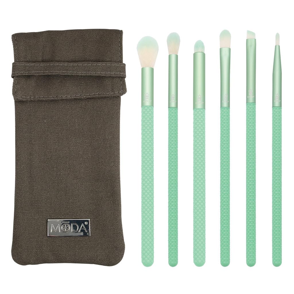 MODA Renew, 7pc Eye Makeup Brush Kit with Pouch, Includes - Eye Contour, Crease, Smoky Eye, Shadow, Brow and Liner Brushes, Mint Green