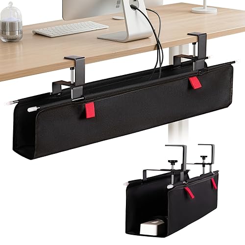 CrsaSwivo No Drill Under Desk Cable Management Tray - 28" Cord Management Under Desk - No Drill Needed - Easy Clamp - Premium Fabric Cable Management Tray for Office/Home