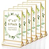 Svalor Gold Acrylic Sign Holder 4X6 inch, 6 Pack Wedding Table Number Frames Vertical , Double Sided Display Gold Picture Frame, Clear Menu Holders for Wedding Reception, Party Decoration