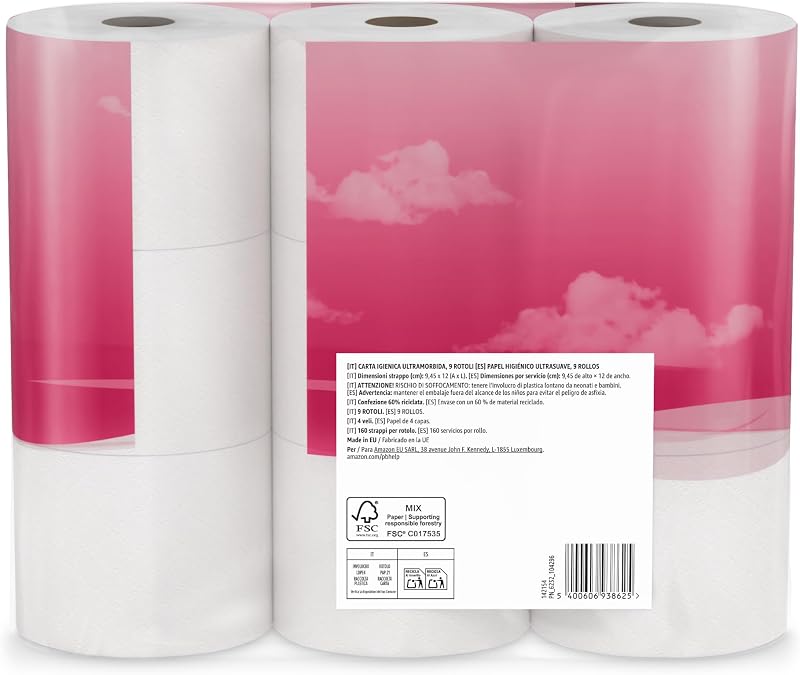 , Carta Igienica Ultra Morbida, 4 Veli, 36 Rotoli (4 Confezioni da 9), 160 Strappi per Rotolo, Certificata FSC
