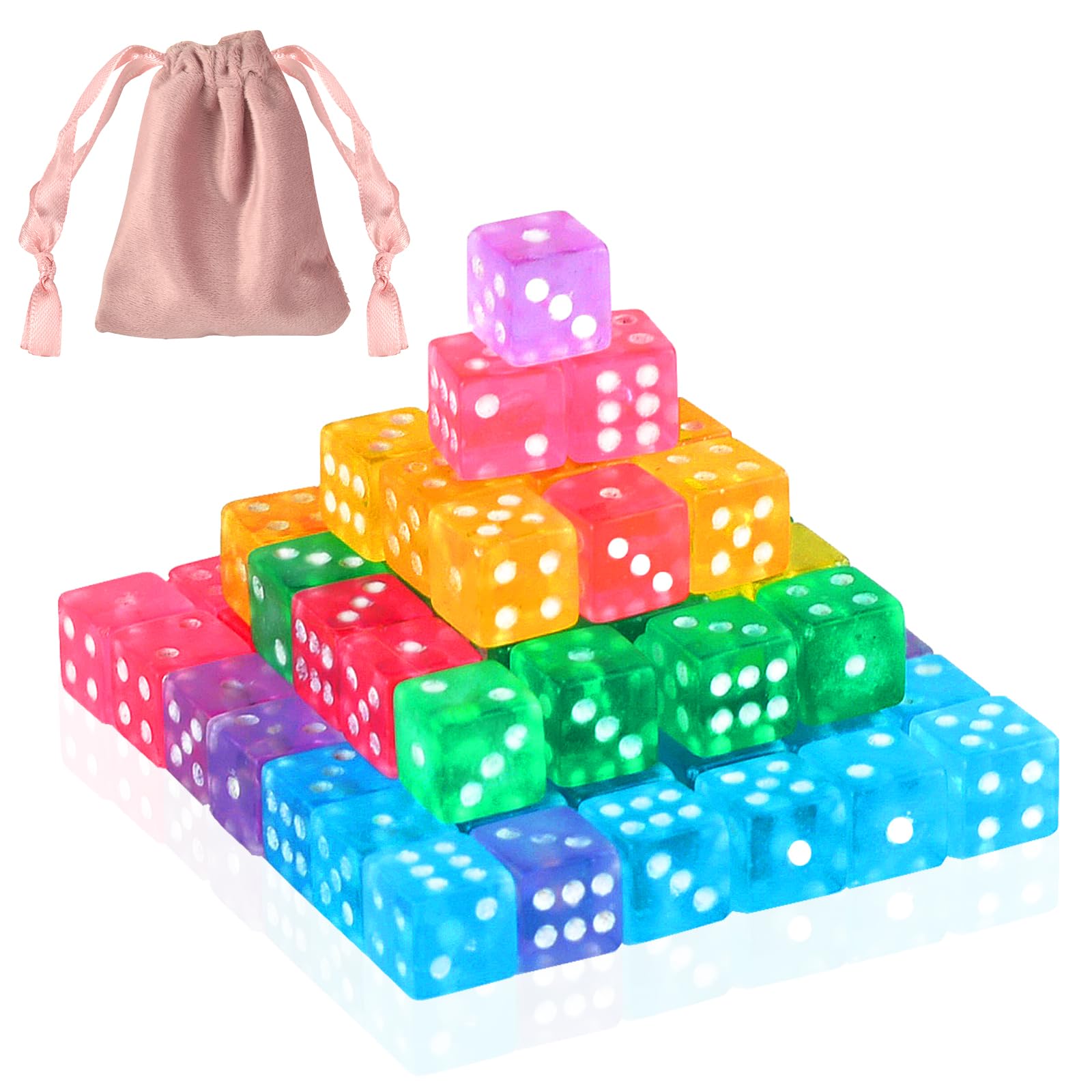 Photo 1 of 200 Pack Small Dice Set - 5mm, 6 Sided Mini Dice, Transparent & Colored, Velvet Bag for Casino Night, Parties & Learning