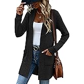 Velvelhall Women's Long Cardigan Sweater with Patch Pockets, Open Front Long Sleeve Lightweight Loose Ribbed Knit Coatigan