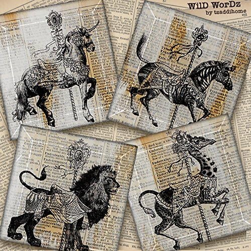 Carousel Animal Coasters from Upcycled Dictionary page book art - 4 or 5 in Square -WilD WorDz- Handmade Glass Coaster Set CaRouSeL No. 1
