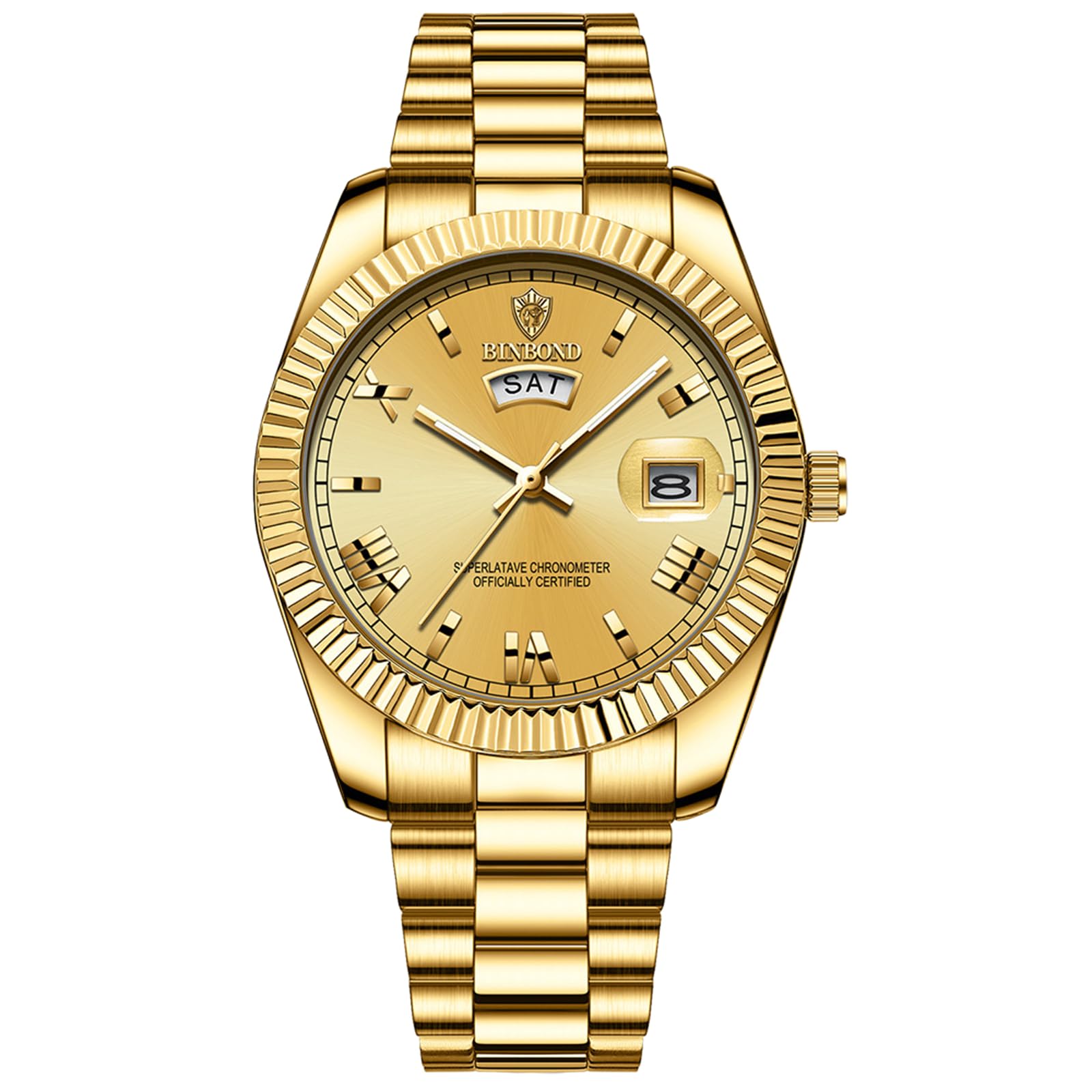 JewelryWe Men's Watch Stainless Steel Quartz Analogue Watch 30 m Waterproof Roman Numerals Dial Watch with Week Date Calendar and Luminous Hands Father's Day Gift