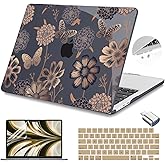 Teryeefi for MacBook Air M2 M3 M4 13.6 Case 2022 2023 2024 2025 Release A2681 A3113 A3240, Clear Hard Shell with Keyboard Cover & USB 3.0 Adapter & Screen Protector, Gold Floral Butterfly