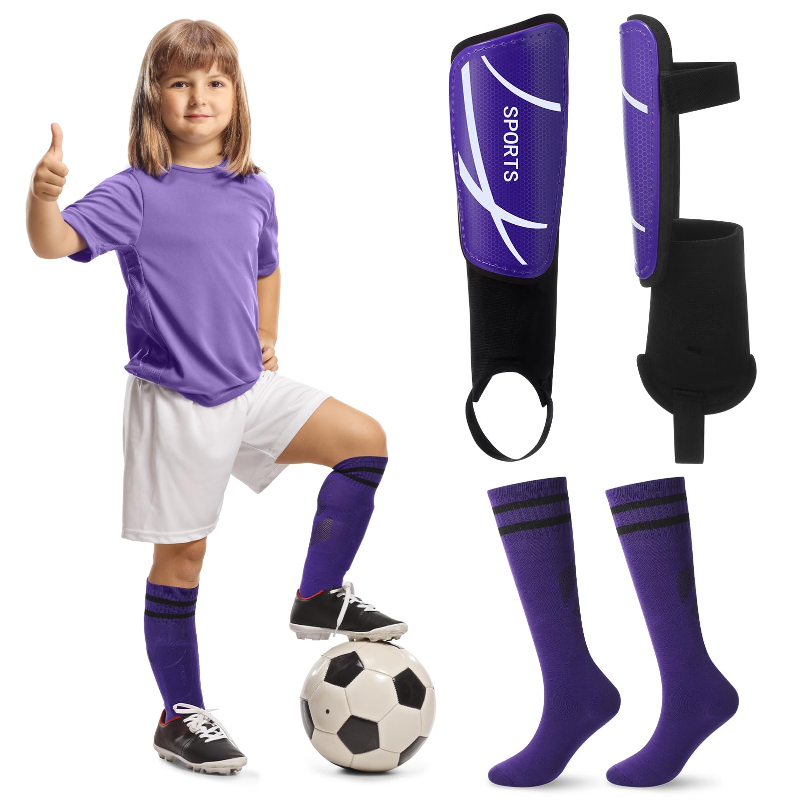 Photo 1 of VercanMonth Soccer Shin Guards and Socks Kids Youth Lightweight Soccer Pads Defender with Ankle Protection Ski Shin Guards Football Equipment for Age 4-14 Toddler Boys Girls Teens(Medium,Purple)