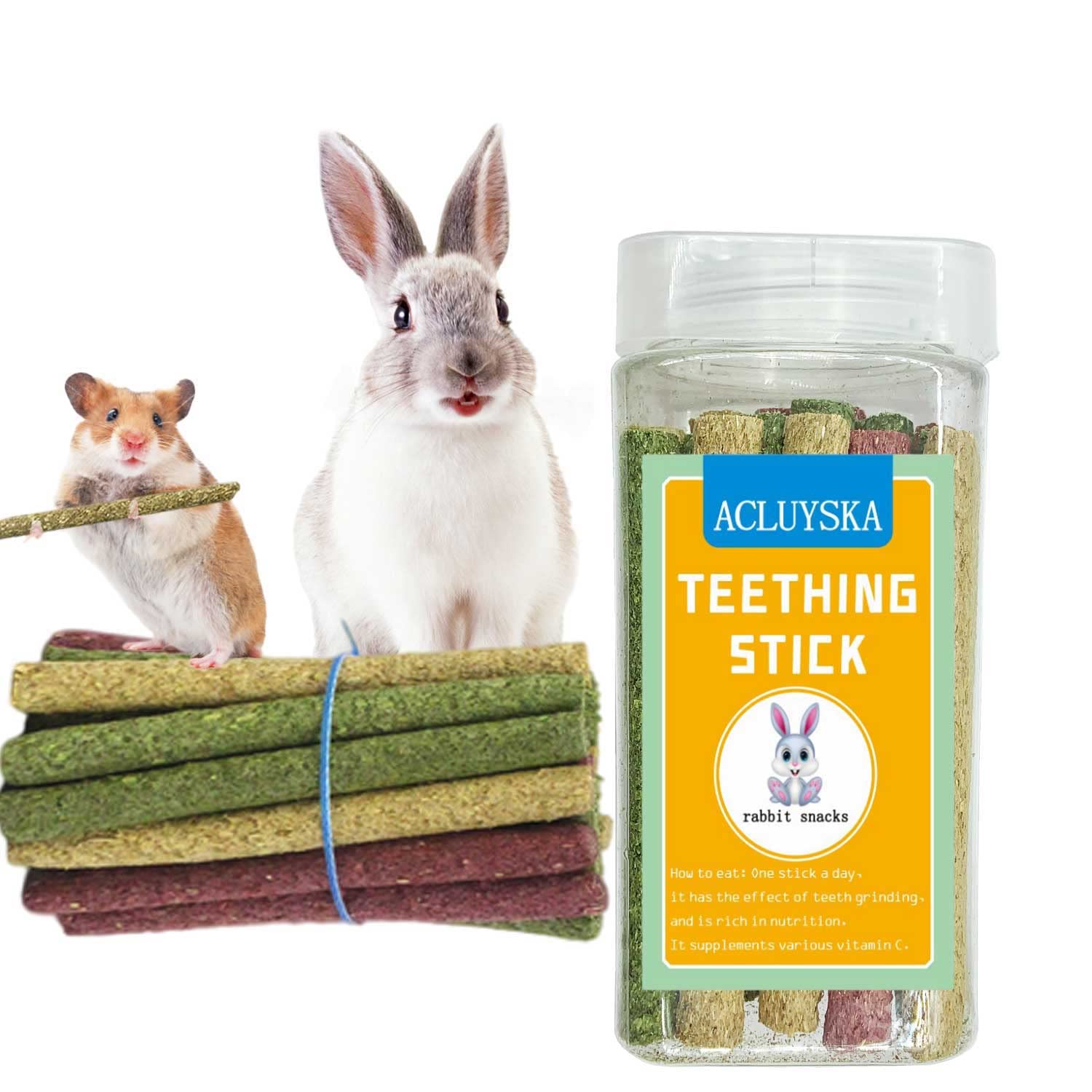 ACLUYSKA Natural Timothy Hay Sticks 7oz/25PCS&bunny Molar Stick Chew Toys for Rabbits, Chinchillas, Guinea Pigs, Hamsters and Other Small Animals Treats Accessories