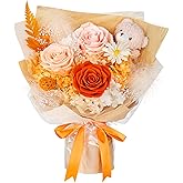 Preserved Flowers Bouquet with Bear, 3 Real Forever Flowers for Delivery, Long-Lasting Orange Eteranl Roses Bouquet, Anniversary Birthday Valentine Gifts for Women Mom Grandma Her Wife Girlfriend